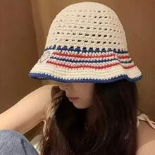Korean Style Striped Women's Bucket Hat, Summer Versatile Hollow Out Breathable Sun Protection Hat, Suitable For Spring And Summer, Casual Outdoor Hat - Multiple Styles - View 4