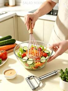 3Pcs Multifunctional Household Salad Prep Kit, Silicone Mixing Whisk With Beech Wood Grip, Dual-Blade Fruit Veg Peeler, Triple Function Vegetable Shredder Grater, Compact Portable Gadget For Daily Cooking & Outdoor Camping - View 1
