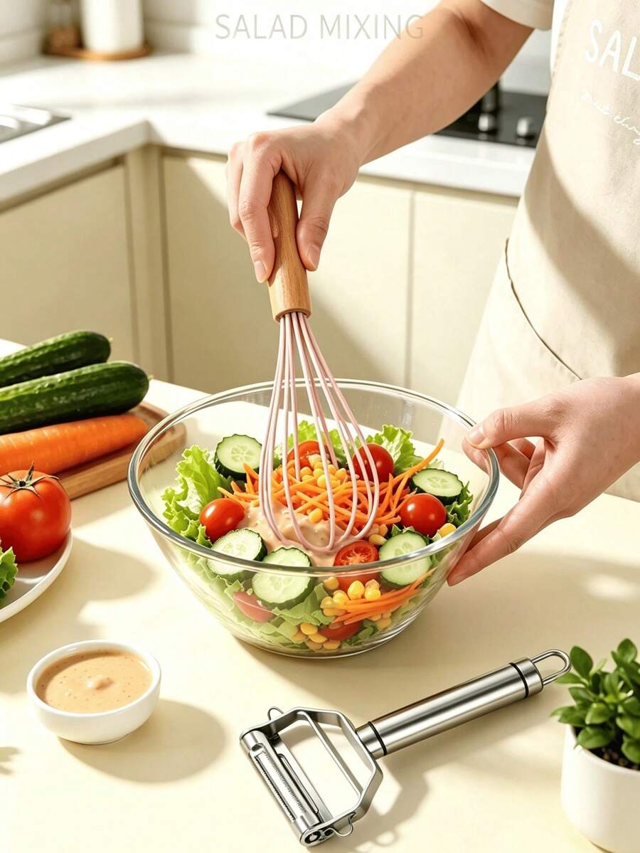 3Pcs Multifunctional Household Salad Prep Kit, Silicone Mixing Whisk With Beech Wood Grip, Dual-Blade Fruit Veg Peeler, Triple Function Vegetable Shredder Grater, Compact Portable Gadget For Daily Cooking & Outdoor Camping - View 1