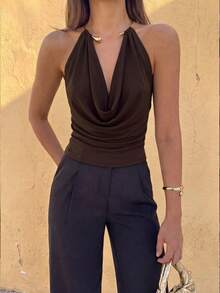 Glamful Solid Color Daily Date Party Beach Backless Draped Metal Collar Sexy Sleeveless Halter Top, Summer Holiday Outfits, Vacation Outfits For Women - Brown - View 1