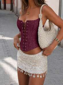 Yuwenier Y2K Asymmetric Structure Corset Floral Embroidery Metal Eyelet Lace-Up Front Opening Open Back Bustier Halloween Crop Top Bandeau - Burgundy - View 5