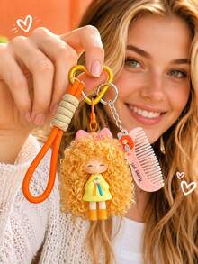 1pc Cute Fluffy Curly Hair Doll Keychain, Heart-Shaped Carabiner With Wrist Strap And Mini Comb Pendant, Cartoon Girl Bag Charm, Suitable For Handbag, Backpack, Car Key Decoration And Birthday Gift - Milk Puff Doll - View 2