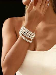 6pcs French Vintage Elegant Fashion Minimalist Luxury Layered Faux Pearl Bracelets For Women Daily Holiday Commute Wear - White - View 2
