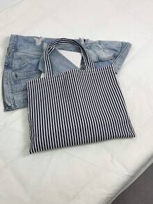 Striped Casual Large Capacity Minimalist Shopping Vacation College Tote Bag - Black - View 8