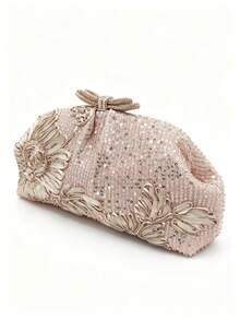 Tidet Ever Champagne Sequin Floral Embroidered Women's Clutch Bag, Rhinestone Bow Kiss Lock, Wedding Bridal Bag, Popular Formal Evening Handbag - Champagne - View 3