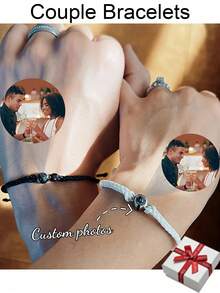 Custom Photo Projection Bracelet, Braided Rope Adjustable Handmade Couple Bracelet, Stainless Steel Memorial Round Picture Jewelry, Personalized Gift - Black Braided Rope - View 2