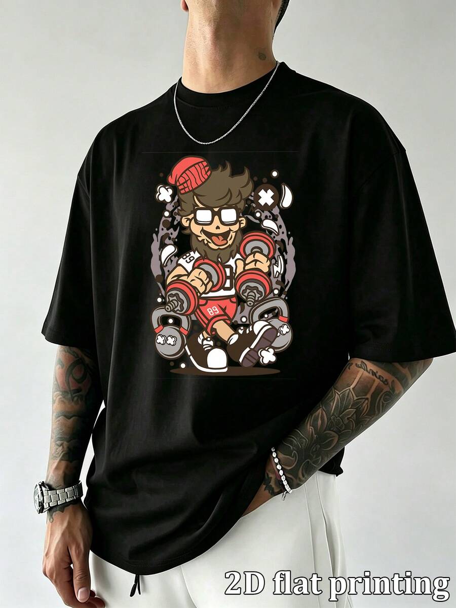 Herren Sommer Lässig Oversized Cartoon Fitness Gewichtheben Muster Kurzarm T-Shirt, locker bequem Rundhals Baumwolle Tee für Fitnessstudio Training Alltag - Schwarz - Übersicht 1