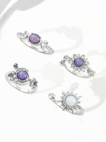 4pcs Fashion Ins Style Sun Moon Diamond Gemstone Ring Set, Valentine's Day Mother's Day Birthday Gift - Multicolor - View 5