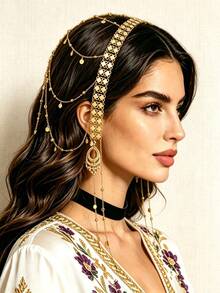 1Pc Retro Multi-Layer Disc Tassel Women Head Chain, Wide Belt Spliced With Dense Small Discs, Hair Jewelry For Arab Brides Wedding Festival - Gold - View 4