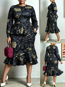 Setelan 2 Potong Ukuran Plus, Atasan Ruffle Motif Bunga + Rok Midi Ruffle Model Duyung, Menawan untuk Bentuk Tubuh Berlekuk, Dengan Saku yang Elegan - Royal Blue - View 4