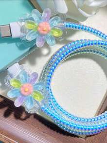 1組 TPU 花朵數據線保護套，保護數據線，耐用 ABS 材質，適用於 Apple 18W/20W 充電器，防止充電手機線損壞 - 藍紫 彩虹雛菊 - 查看 5