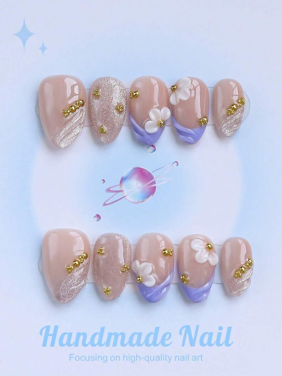 10 piezas de uñas postizas hechas a mano, forma de almendra corta, uñas falsas, estilo Y2K, resistentes, reutilizables, azul, combinadas con estilo francés, diseño 3D, adecuadas para uso diario, fiestas, vacaciones y también el mejor regalo festivo para niñas y mujeres. - Azul - Ver 1