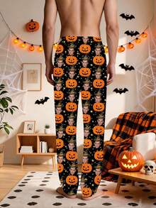 1pc Men's Customized Face Photo Halloween Pumpkin Witch Hat Pajama Pants, Personalized Men's Loungewear Pajama Pants, Gift For Boyfriend - Multicolor - View 3