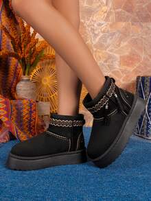 1 Pair Women's Winter Embroidered Tassel Short Snow Boots, Thick Sole Height-Increasing Thermal-Lined Anti-Cold Anti-Slip Retro Boots - Black - View 4