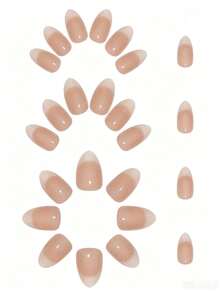 24pcs Short Almond French Gradient Nude And White False Nails Set For Women Daily Wear, Includes 1pc Nail File And 1pc Jelly Glue - Multicolor - View 2