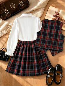 Back To School Season Girls Fashion Casual Campus Style Long Sleeve Shirt With Plaid Vest And Plaid Skirt 3-Piece Set - Multicolor - View 4