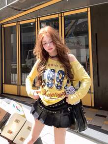 Women's American Star Print Yellow Long Sleeve Asymmetrical Neck T-Shirt, Slimming Design Base Layer Top For Autumn - Yellow - View 1