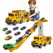 TEMI 2-In-1 Dual Track Racing Track Set, Suitable For Children 3 Years And Above, Includes 12 Alloy Cars And Foldable Dual Tracks, Ideal Birthday Christmas Holiday Gift - Yellow - View 5
