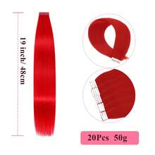 Tape In Hair Extensions 100% Remy Human Hair Red Color Invisible Tape Ins Hair Extensions For Women Highlight Color Hairpieces For Cosplay Or Daily Use 10Pcs/Pack 25g - SRed - View 13