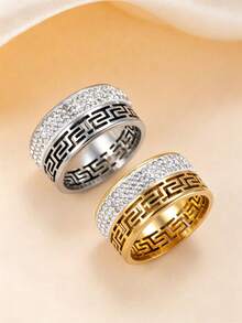 1pc Fashionable Stainless Steel Hollow Great Wall & Clover Rhinestone Decor Ring, Suitable For Men And Women Daily Wear - Ring - View 13