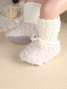 1 Pair Infant Girl Elastic Socks Shoes, Flat Casual Cute Foot-Protecting Boots, Infant Shoes Suitable For Winter - Beige - View 5