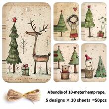 50pcs Cute Christmas Gift Tags With Jute Rope - Fun Holiday Design, Includes Bear, Reindeer, Christmas Tree, Angel And Dog, Paper Party Gift Tags, Suitable For Christmas Gifts, Gift Wrapping And DIY Crafts - A - View 4