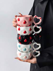 1pc 3D Embossed Heart Ceramic Tea Cup, Heart-Shaped Hollow Handle Asymmetrical Coffee Mug, 5 Colors Afternoon Tea Cup Gift - Single Cup - View 13