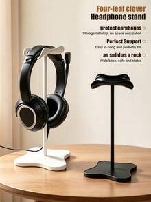 1 buah Stand Headphone Meja Minimalis, Dudukan Headset Gaming Universal dengan Alas Daun Semanggi Empat Kelopak, Tiang Berlapis Silikon, Gantungan Earphone Melengkung, Hitam & Putih - View 1