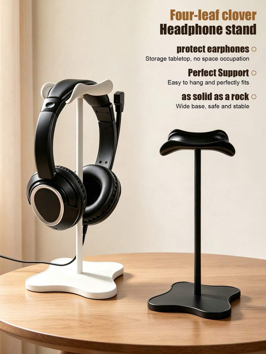 1 buah Stand Headphone Meja Minimalis, Dudukan Headset Gaming Universal dengan Alas Daun Semanggi Empat Kelopak, Tiang Berlapis Silikon, Gantungan Earphone Melengkung, Hitam & Putih - View 1