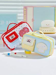 1pc Cute Printed Stationery Storage Bag With Mushroom Apple Star Pattern, Multi-Compartment Large Capacity Pencil Case, For Back To School, First Day Of School - Multicolor - View 1