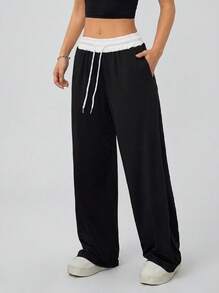 Never me Women's Sporty Wide-Waist Straight-Leg Sweatpants, Soft Drape, Casual Outdoor Training Trousers - Black - View 8
