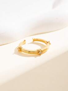 1pc Quiet Luxury Copper Gold Color Adjustable Ring, Simple CZ Accent Open Band Ring For Women, Elegant Daily Jewelry Accessory - Multicolor - View 3