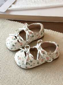 Girls' Flat Shoes Spring/Autumn New Floral Bow Princess Shoes Soft Sole Non-Slip Children's Mary Jane Shoes - Beige - View 3