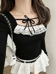 Women's Black Square Neck Long Sleeve T-Shirt With White Ruffle And Tie Details, Fashion Ribbed Fabric, Autumn - Black - View 6