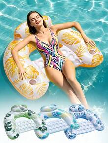 Tropical Leaf U-Shaped Inflatable Pool Float Lounge Chair For Adults, Built-In Headrest And Dual Cup Holders, Padded Floating Chair, Portable Thickened PVC Water Raft, Suitable For Beach, Lake, Summer Sunbathing, Pool Leisure - Multicolor - View 2