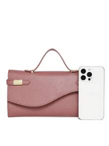 Litchi Texture Leather Handbag, Fashionable Minimalist Design, Simple Solid Color Small Square Bag, Versatile Small Bag, Multi-Purpose Shoulder Crossbody Bag - Pink - View 5