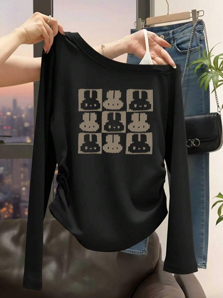 Sweet & Cool Rabbit Checkerboard Print Cold Shoulder Long Sleeve T-Shirt For Women, Side Ruched Slimming Sexy Style Versatile Top Casual - Black - View 1