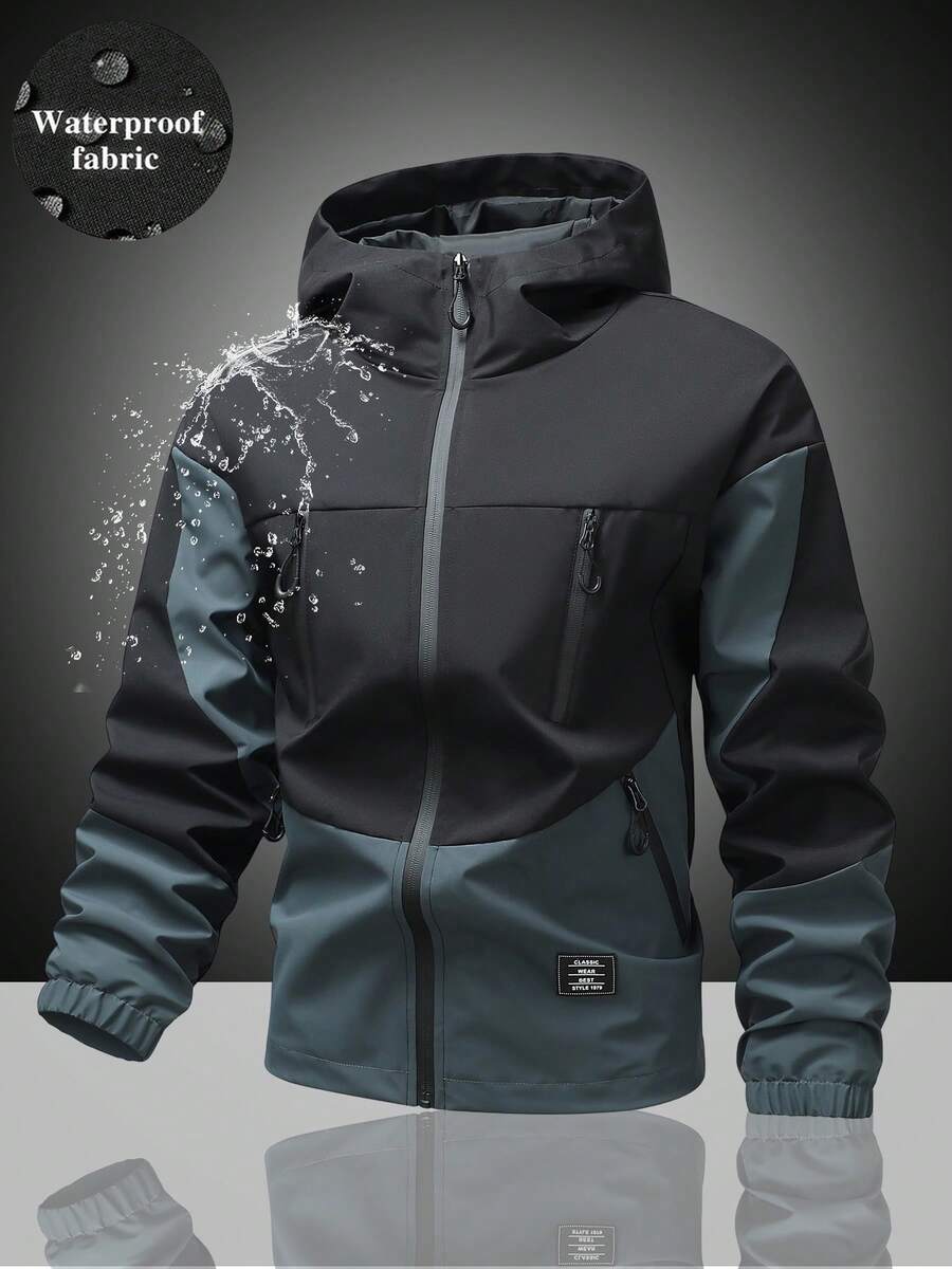 Men's Hooded Full Zip Outdoor Jacket, Functional Style Casual Hooded Jacket, Suitable For Hiking, Commuting, Short Trips, Versatile Long Sleeve Casual Jacket - Black - View 1