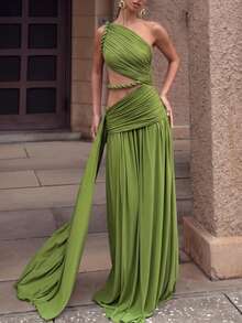 DOUCIU Women's Sleeveless One-Shoulder Knit Maxi Dress, Backless Slim Fit With Loose Hem - Green - View 2