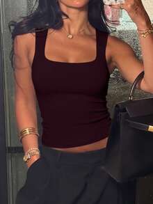 Women Square Neck Wide Strap Stretchy Slim Fit Crop Tank Top Basic Casual Camisole For Vacation Beach Street Daily Outdoor Wear - 中紫紅色 - 查看 7