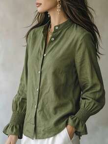 Women's Elegant Solid Color Long Sleeve Blouse, Stand Collar Button Pleated Flare Sleeve Top, Breathable Loose Fit Vacation & Commute Dual-Use Shirt - Green - View 3