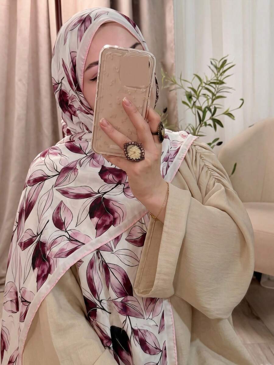 1PC Women's Floral Printed Hijab Scarf, Double-Sided Printed Headscarf, Muslim Fashion Daily Wear Turban, Soft Comfortable Breathable Beach Long Shawl - Purple Flowers On White Background - View 1