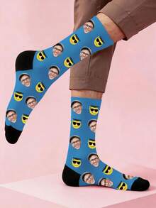 Custom Face Print Graduation Mid-Calf Socks, Blue Graduation Cap Personalized Photo Mid-Calf Socks, Humorous Graduation Party Gift For Him - Multicolor - View 3