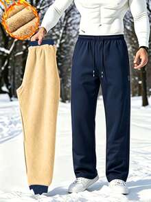 Men's Fleece Lined Straight Leg Pants, Breathable Warm Drawstring Elastic Waist Casual Long Pants - Navy Blue - View 1