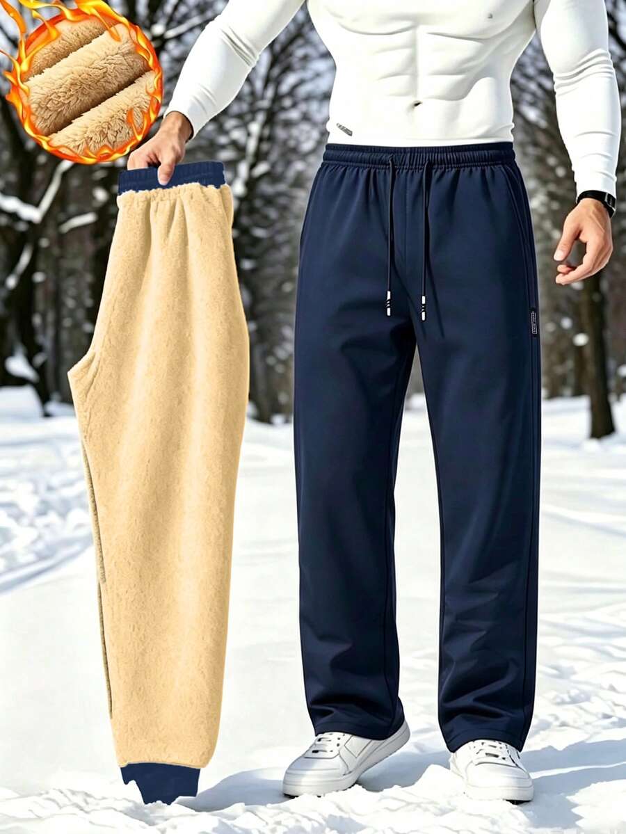 Men's Fleece Lined Straight Leg Pants, Breathable Warm Drawstring Elastic Waist Casual Long Pants - Navy Blue - View 1