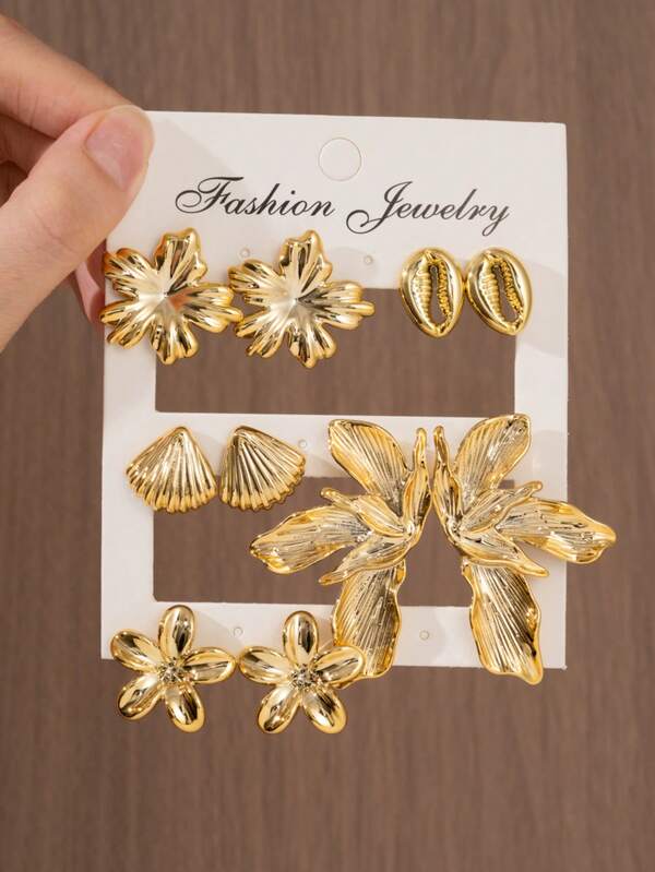 2/10pcs Gold Fashion Exaggerated Hip-Hop Pleated Texture Flower, New Oval Flower, Five-Petal Flower, Lips, Shell Women's Earrings Set, Elegant Earrings, Suitable For Daily Wear, Vacation