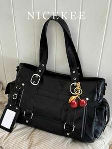 Fashionable Large Capacity Multi Pocket Solid Color Shoulder Bag, Simple Retro Punk Style Daily Underarm Bag, Suitable For Commuting, Daily Outings - Black - View 1