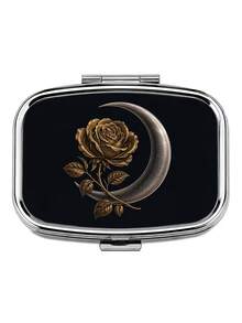 1pc Exquisite Black & Gold Rose Pattern Square Portable Metal Pill Box, Dual Compartment Small Item Storage Box, Suitable For Pills, Vitamins, Earrings, Rings, Pocket Size, Travel Bag - Multicolor - View 2