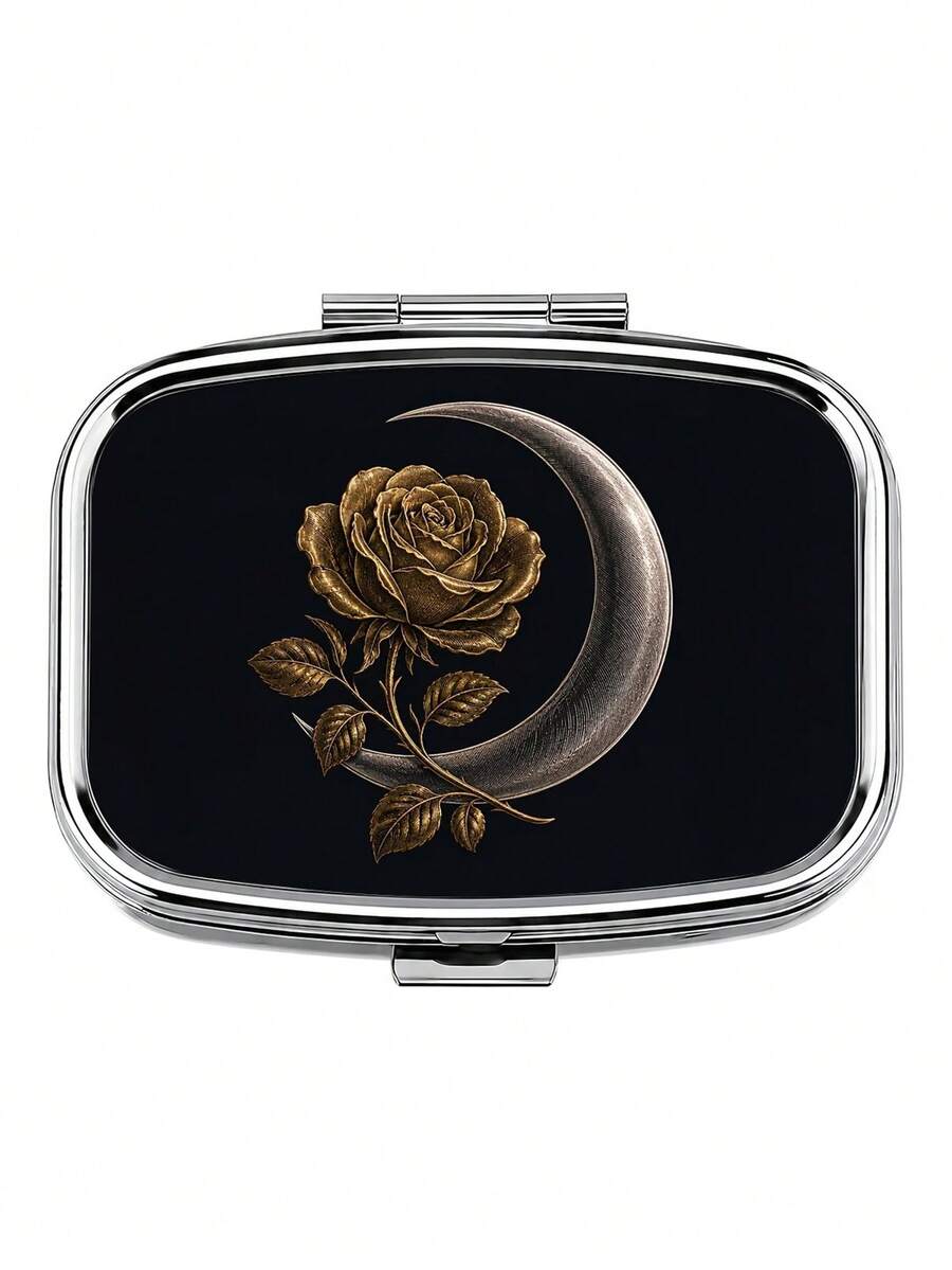 1pc Exquisite Black & Gold Rose Pattern Square Portable Metal Pill Box, Dual Compartment Small Item Storage Box, Suitable For Pills, Vitamins, Earrings, Rings, Pocket Size, Travel Bag