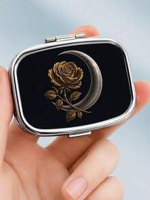 1pc Exquisite Black & Gold Rose Pattern Square Portable Metal Pill Box, Dual Compartment Small Item Storage Box, Suitable For Pills, Vitamins, Earrings, Rings, Pocket Size, Travel Bag - Multicolor - View 6